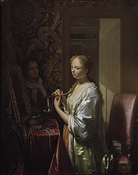 Lady attending to her toilet label QS:Len,"Lady attending to her toilet" label QS:Lpl,"Dama zajmująca się toaletą" label QS:Lnl,"Dame bij haar toilet" circa 1720-1730. oil on panel medium QS:P186,Q296955;P186,Q106857709,P518,Q861259 . 29.5 × 23.5 cm (11.6 × 9.2 in). The Hague, Royal Picture Gallery Mauritshuis.