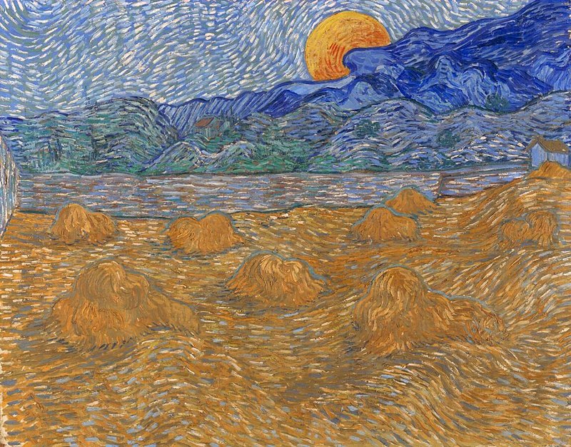 A squarish painting of a darkened wheatfield of stacks, with a river and mountains in the background under a rising full moon.
