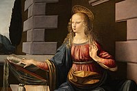 Detalle de la Anunciación de Leonardo da Vinci (c. 1472–1475) muestra a la Virgen María leyendo la Biblia.