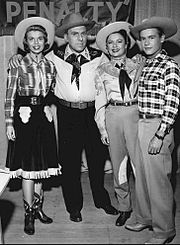 The Riley family. From left: Lugene Sanders (Babs), William Bendix (Chester A. Riley), Marjorie Reynolds (Peg), and Wesley Morgan (Junior). Life of Riley main television cast.JPG
