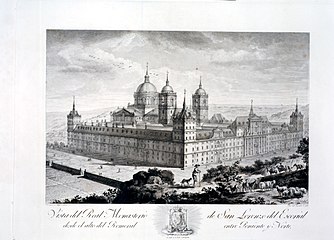 El Escorial visto desde el Alto del Romeral. Grabado de Tomás López Enguídanos, dibujo de José Gómez de Navia.