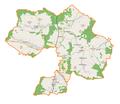 Mapa konturowa gminy wiejskiej Lubań, po lewej nieco u góry znajduje się punkt z opisem „Pisarzowice”