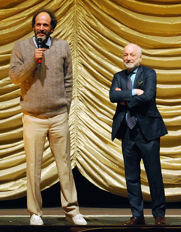 Guadagnino and André Aciman at a screening of Call Me by Your Name, at the 2017 Berlin International Film Festival