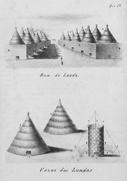 A drawing of Lunda houses by a Portuguese visitor. The size of the doorways relative to the building emphasizes the scale of the buildings.