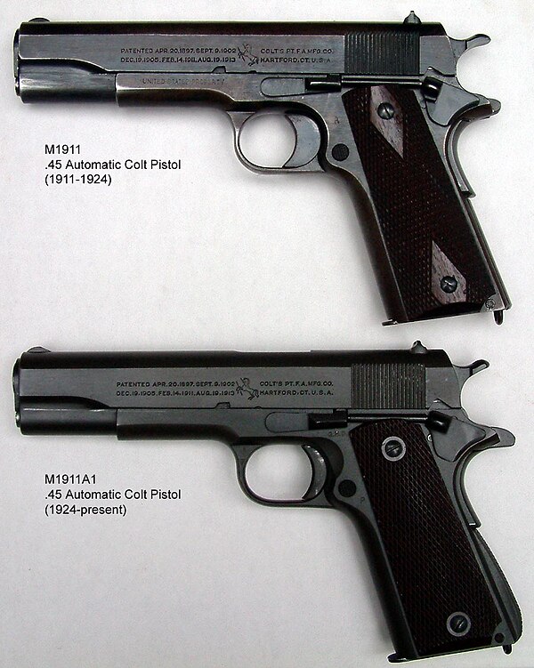 M1911 and a M1911A1, both manufactured by Colt