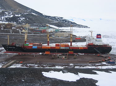 Ice piers at McMurdo Station have been used since 1973 to support cargo operations such as shown here in 2006 with the M/V American Tern. MV American Tern (T-AK-4729) 200601.jpg