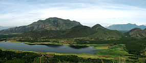 Manjalar Dam (left)
Manjalar Reservoir- 2.1 kilometres (1.3 mi) long (center) Manjalar River (right). Thalaiyar Falls are 2.8 kilometres (1.7 mi) more to the right.