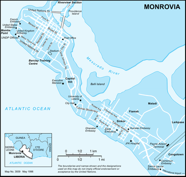 A 1999 UN map of Monrovia, showing the location of the Executive Mansion. Map of Monrovia.png