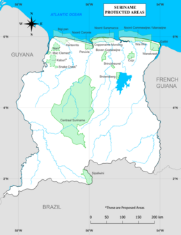 Kaart van beschermde gebieden in Suriname, waaronder Boven-Coesewijne (midden boven). De rivier is niet afgebeeld.