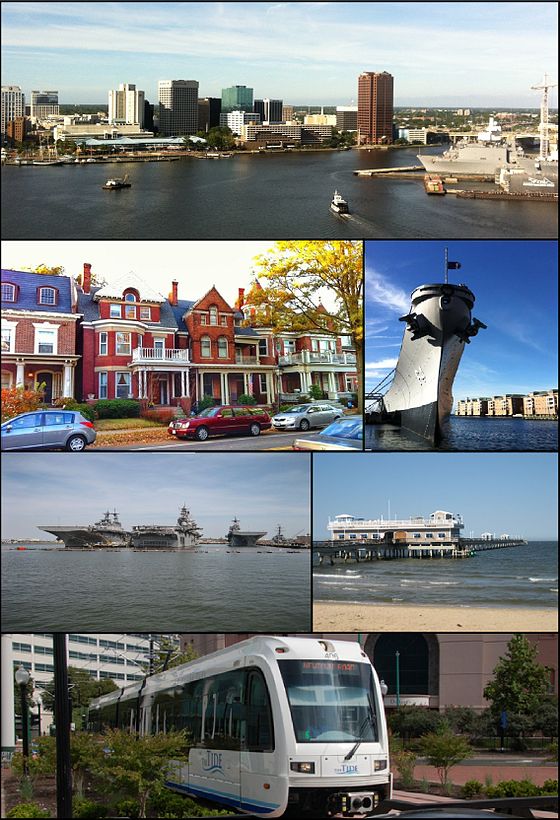 Clockwise from top: Downtown Norfolk skyline as viewed from across the Elizabeth River, USS Wisconsin battleship museum, Ocean View Pier, The Tide light rail, ships at Naval Station Norfolk, historic homes in Ghent