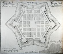 Ideal fortified city: a plan of Nove Zamky (Neuhausel) in Slovakia, built in 1663, drawn c. 1680 Neuhausel1680.jpg