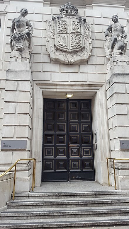 The entrance to the Department for International Trade's headquarters off Whitehall, Central London