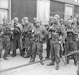 British Commandos after returning from Operation Abercrombie, a raid on the French coast near Boulogne in April 1942 No. 4 Commando 22 April 1942.jpg