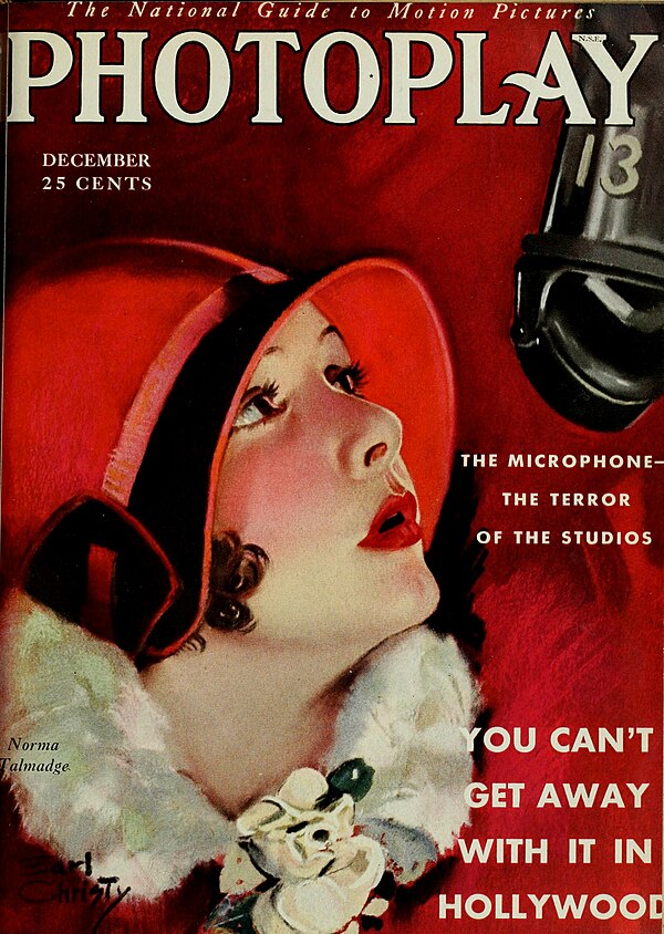 "The Microphone—The Terror of the Studios" (December 1929 issue); the cover features an Earl Christy portrait of actress Norma Talmadge, whose success