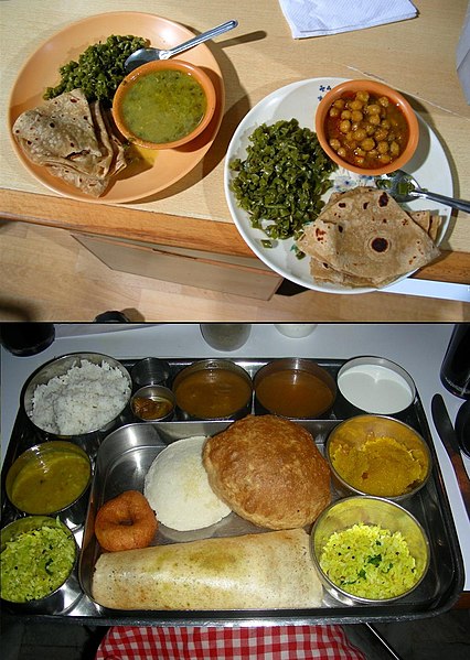 File:Northern and Western Indian Home Cooked Lunch and Southern Indian Thali Dinner.jpg