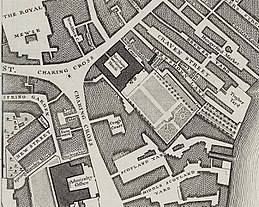 An extract from John Rocque's Map of London, 1746, showing Northumberland House. The two projecting garden wings had not yet been added.