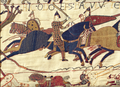 Odon de Bayeux, med kommandostav i handa, set mot i normannarane etter at dei har kome fram til England.