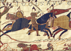 Detail from Bayeux Tapestry showing Bishop Odo rallying William the Conqueror's troops at the Battle of Hastings.