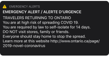 An Alert Ready message sent out on March 27, 2020 as seen on an iPhone 11 using iOS 13. Ontario iOS Alert Ready COVID-19 - March 27, 2020 - English.svg