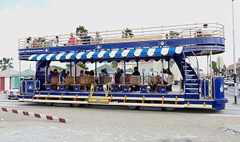 The blue open-top, double-decker trolley in 2016