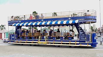 The blue open-top, double-decker trolley in 2016