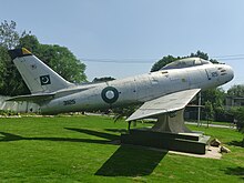 Retired F-86F Sabre of the No. 26 Squadron on display (Black spider logo visible on tail) PAF F-86F (31125).jpg