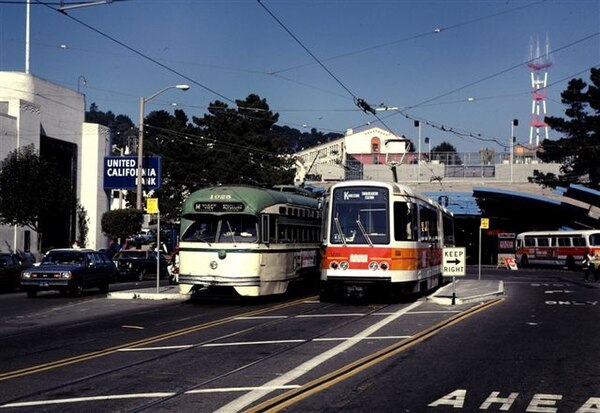 K Ingleside USSLRV passes an M Ocean View PCC at West Portal, November 1980