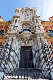 Main facade entrance seen bottom-up. Palacio de San Telmo, Sevilla, Espana, 2015-12-06, DD 78.JPG