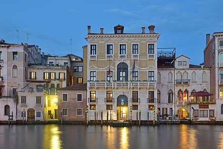 The Palazzo Civran and Grand Canal at dusk. This 15th-century building that was substantially altered in the early 17th century now houses the Guardia di Finanza.