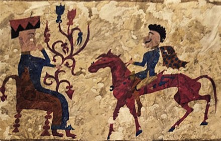 Decorated tapestry with a seated goddess (Artimpasa[9]) and Scythian rider, Pazyryk Kurgan 5, Altai, Southern Russia c. 241 BC.[22]