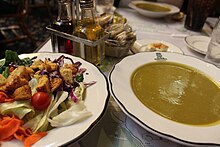 Pea soup and salad at Pea Soup Andersen's Pea soup and salad.jpg