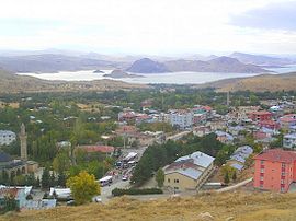 View of Pertek, the 16th century Celebi Ali mosque is visible in the left of the image. Lake Keban is in the backgroudn.