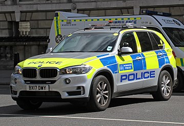 2017 BMW X5 Armed Response Vehicle (ARV) attached to the Specialist Firearms Command. ARVs are identifiable by yellow circle stickers on the vehicle's windows.