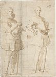 Peter Paul Rubens (?). Two studies of a standing officer label QS:Len,"Two studies of a standing officer" label QS:Lpl,"Dwa studia stojącego oficera" label QS:Lnl,"Twee studies van een staande officier" . 1587-1640. pen and brown ink, brush and brown ink and black chalk on paper. 15.3 × 11.1 cm (6 × 4.3 in). Amsterdam, Rijksmuseum Amsterdam.