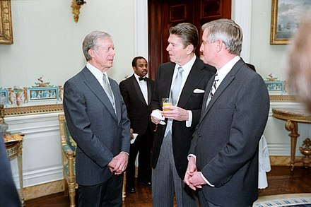 President-elect Ronald Reagan with outgoing President Jimmy Carter and outgoing Vice President Walter Mondale on January 20, 1981