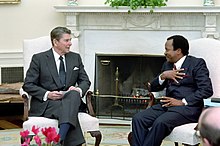 Paul Biya with U.S. President Ronald Reagan in 1986 President Ronald Reagan meeting with President Paul Biya of Cameroon in the Oval Office.jpg