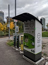 A Presto contactless smart card reader and self-serve ticket machine at a suburban train station in Toronto, Canada Presto card at Oriole Station (20181011172332).jpg