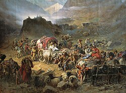 „Изоставяне на аул от планинци при приближаването на руската армия“, картина от Пьотр Грузински от 1872 г.