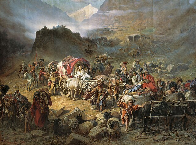 The mountaineers leave the aul, by P. N. Gruzinskyy, 1872