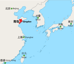 Lage der Stadt Qingdao (rot) an der Ostküste Chinas
