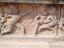 Locking technique shown at 12th century Airavatesvara Temple Ramayana In carving (2444648102).jpg