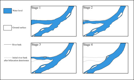 Progression of bifurcated river systems can be modeled in stages. The figure above gives a rough picture of what it would actually look like. It depicts that, gradually, a stable bifurcation will deteriorate until one of the channels no longer receives flow from upstream, thus becoming an unstable bifurcation. River Bifurcation Figure.png