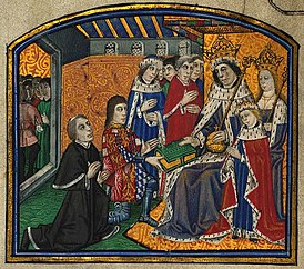 Уильям Кэкстон (1-й слева) и Энтони Вудвилл (2-й слева) представляют королю Эдуарду IV первую книгу, напечатанную в Англии