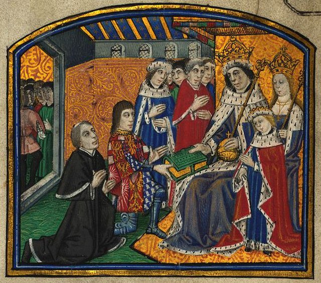 Anthony Woodville (kneeling, second from left, wearing a tabard displaying his armorials) and William Caxton (dressed in black) presenting the first p