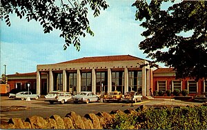 The N&W passenger station, ca. 1950s, redesigned in a Moderne style Roanoke station 1950s postcard.jpg