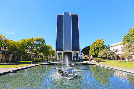 The Millikan Library, the tallest building on campus. In January 2021, the Caltech Board of Trustees authorized removal of Millikan's name from campus buildings.[48]