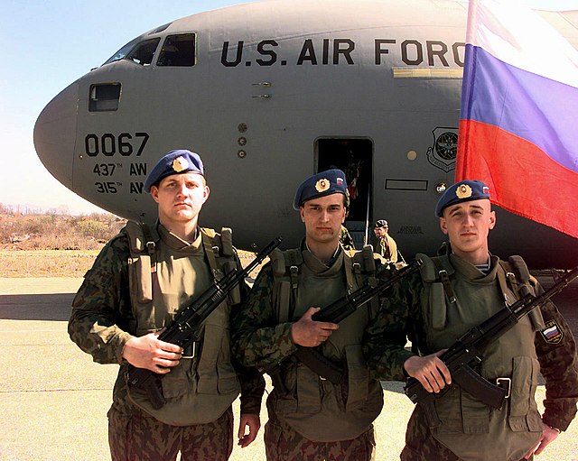 Russian paratroopers at Tuzla Air Base in Bosnia-Herzegovina in 1997 as members of the Stabilization Force.