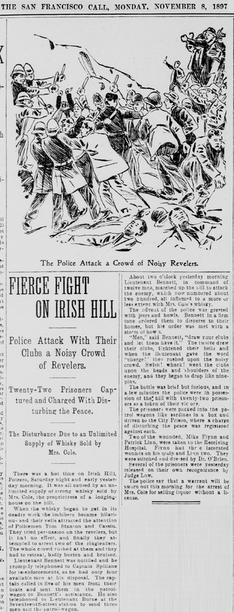 Fierce Fight on Irish Hill San Francisco Call, November 8, 1897. SanFranciscoCall-IrishHill-Nov8-1897.png