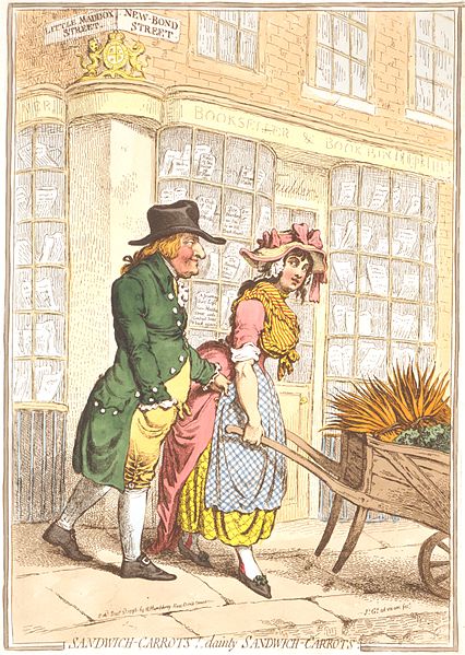 In Sandwich-Carrots!—dainty Sandwich-Carrots (1796), James Gillray caricatured Lord Sandwich slipping money into the pocket of an attractive carrot-se