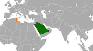 Mapa indicando localização da Arábia Saudita e da Tunísia.